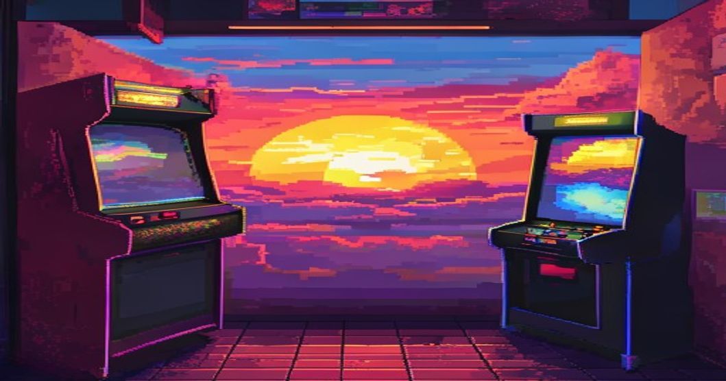 Retro pixel art timeline showing the evolution of rhythm games