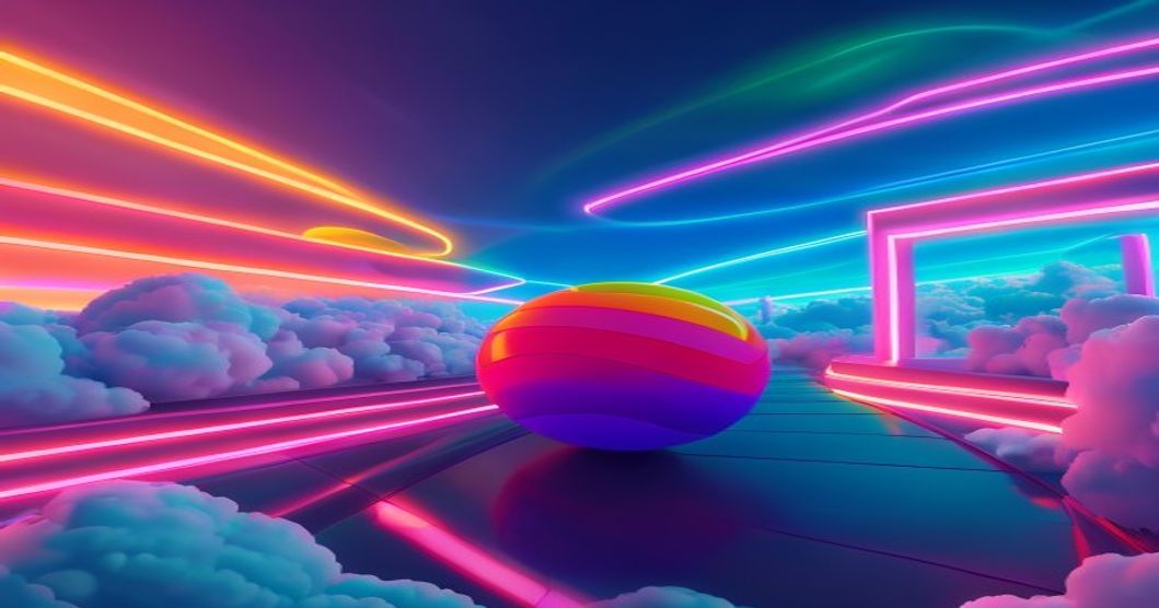 Vibrant 3D ball rolling on a sky path with neon obstacles